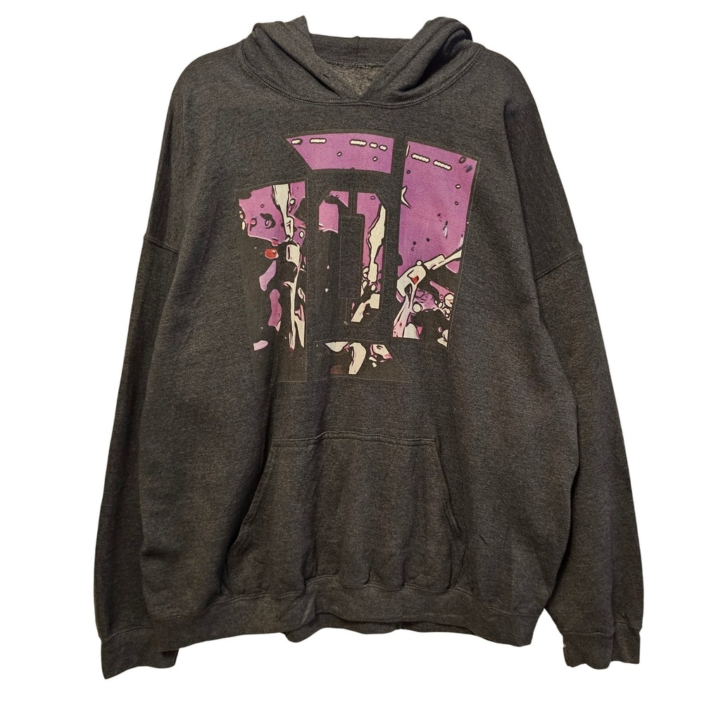 Mens Charcoal Gray Graphic‎ Hoodie Purple Abstract Print Pullover Sweatshirt L